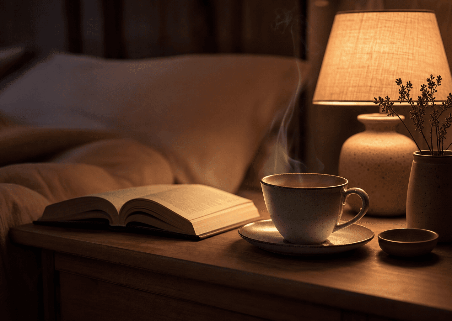 Table de chevet apaisante le soir : tisane fumante, livre et lampe chaleureuse, ambiance de rituel du coucher