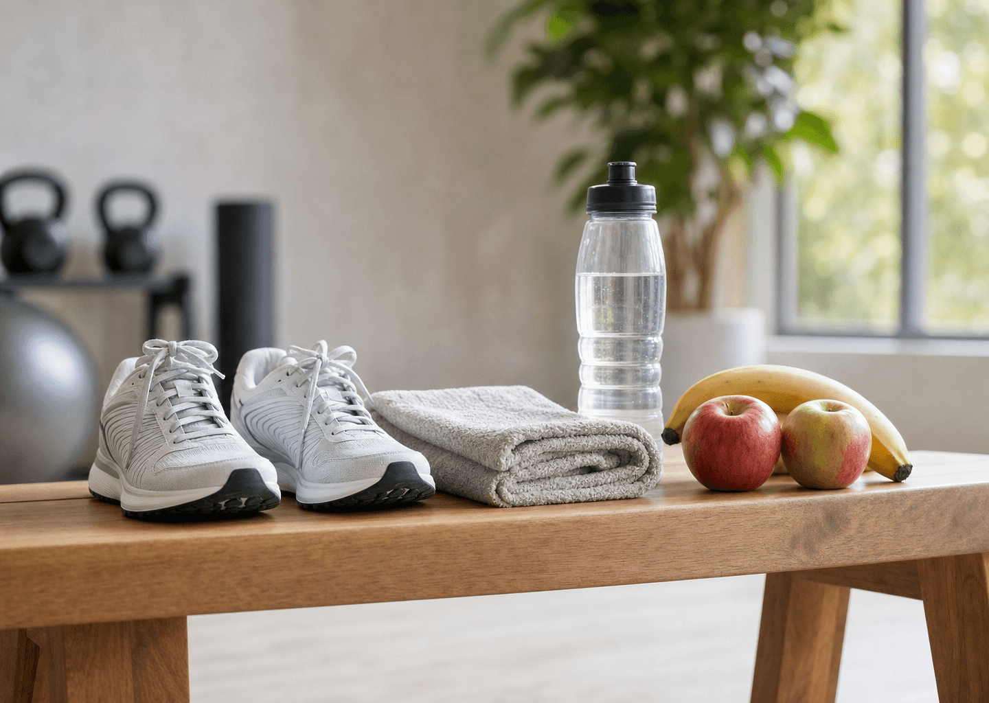 Chaussures de running, serviette, gourde d'eau et fruits frais sur un banc clair, ambiance saine de récupération sportive