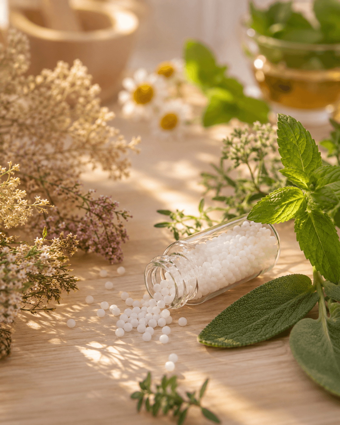 Granules d'homéopathie et plantes médicinales dans une ambiance douce et apaisante