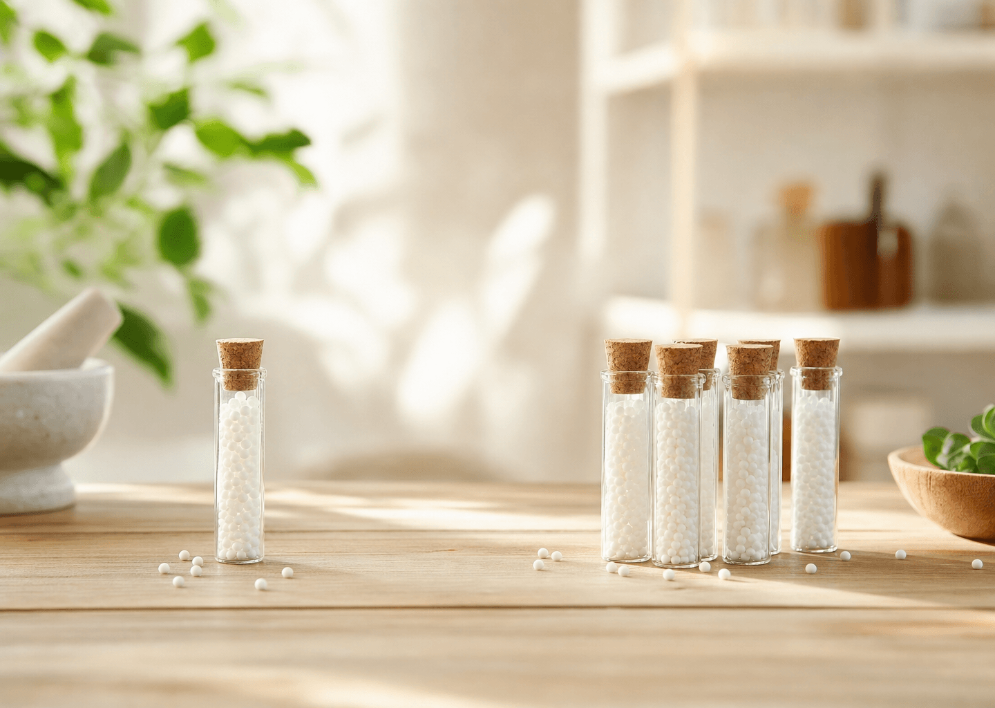 Un tube unique de granules homéopathiques face à plusieurs tubes groupés, illustrant la différence entre homéopathie uniciste et pluraliste