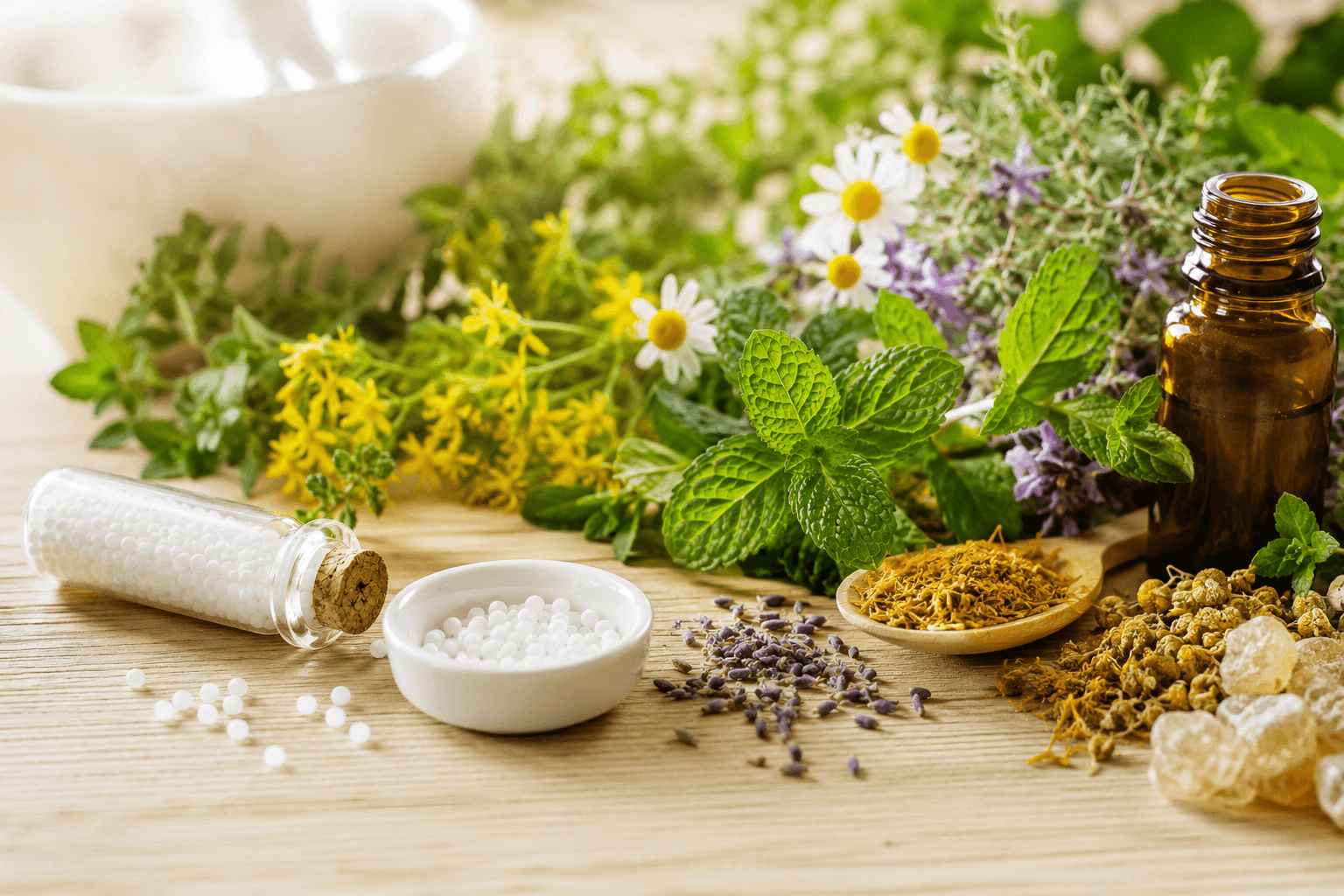 Granules d'homéopathie dans un tube en verre et plantes médicinales fraîches disposées côte à côte sur une table en bois clair