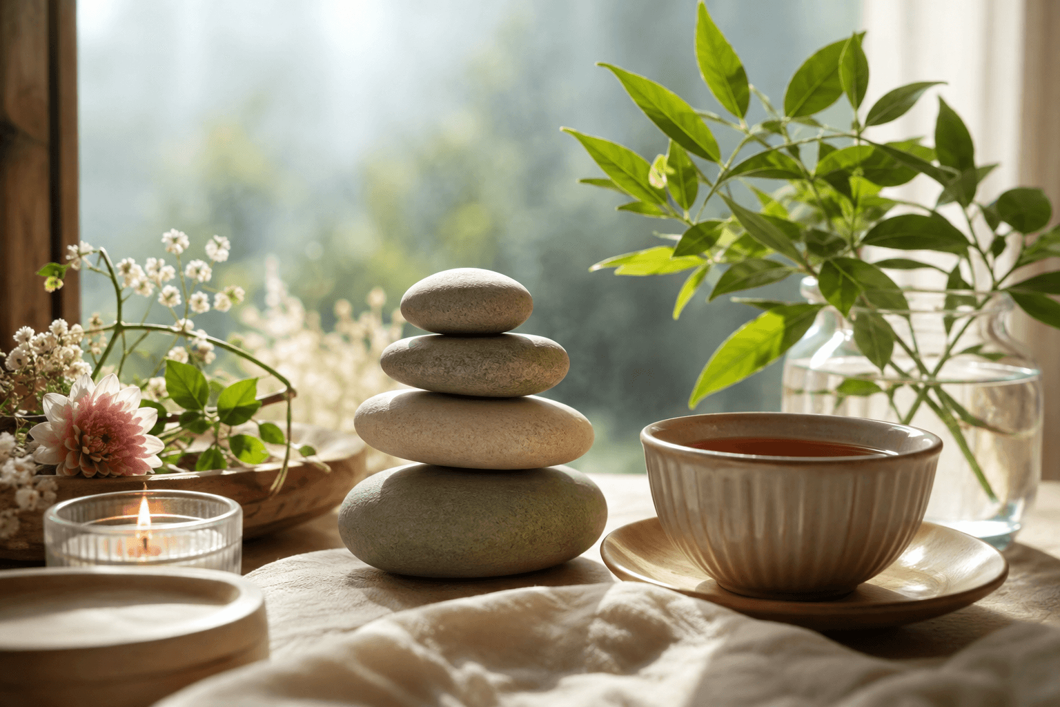 Scène de bien-être et de sérénité évoquant l'équilibre intérieur et l'harmonie hormonale