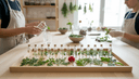 Vue plongeante de mains alignant vingt fioles sur un plateau, chacune avec un brin de plante