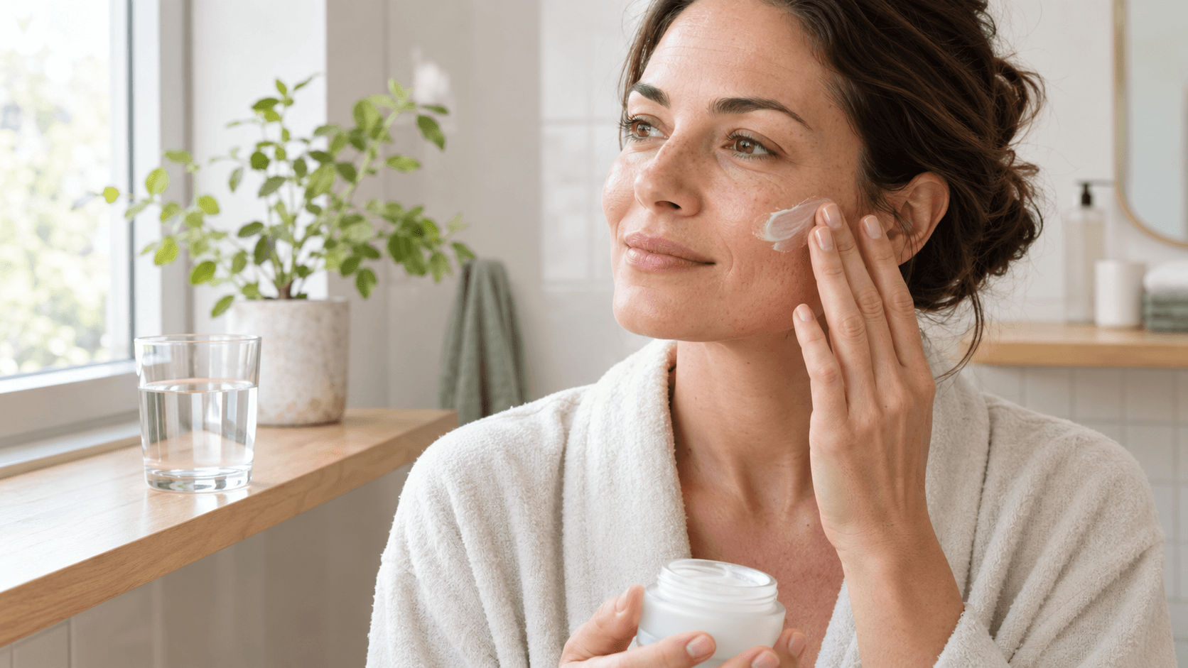 Femme appliquant une crème hydratante sur sa joue dans une salle de bains lumineuse, un verre d’eau posé à côté d’elle