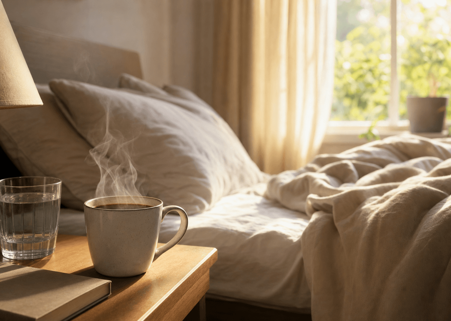 Tasse de café fumante et rideaux entrouverts sur une lumière matinale douce, évoquant un réveil difficile mais apaisé