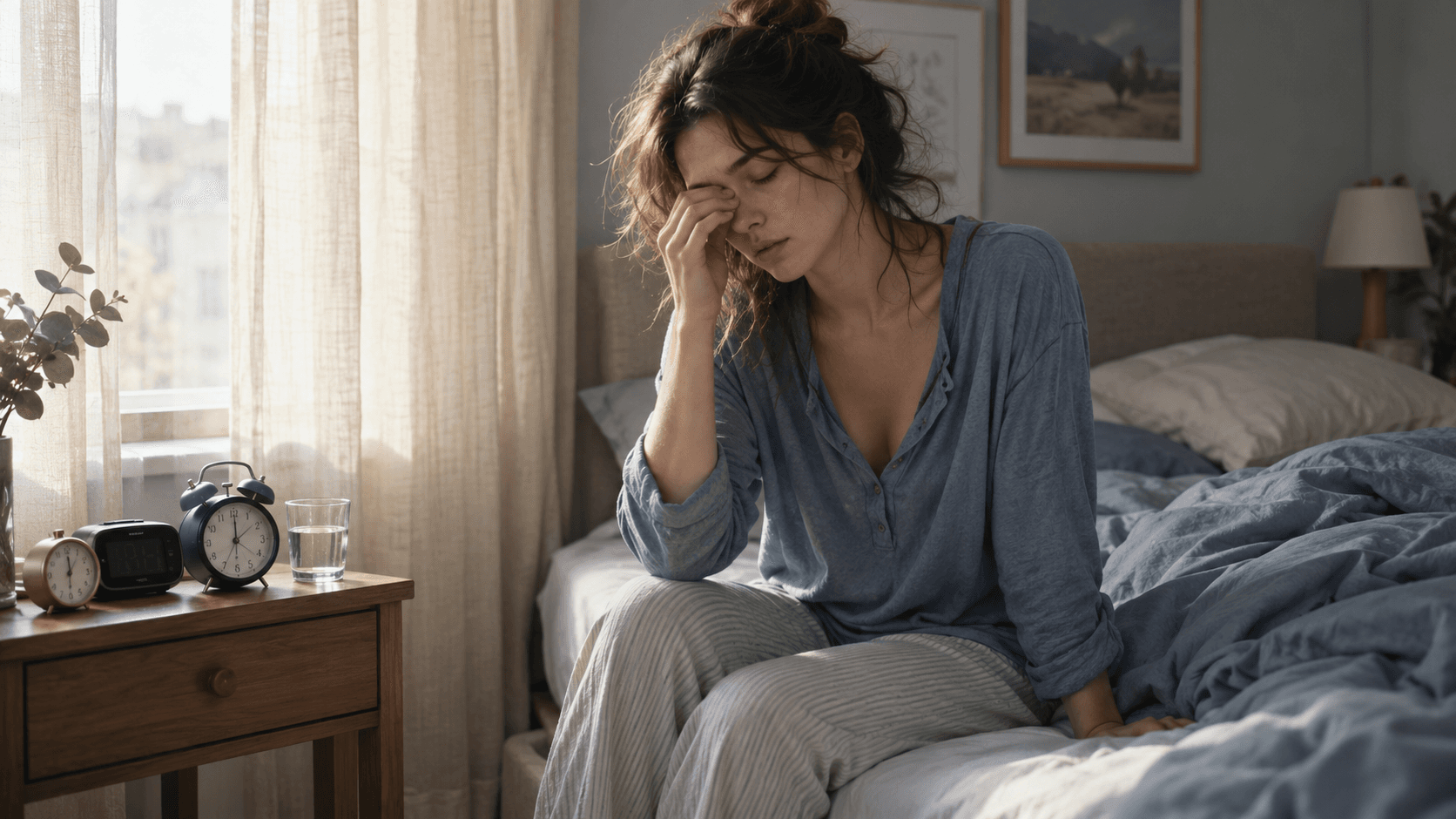 Jeune femme assise au bord du lit, peinant à se réveiller en pleine lumière du matin, réveils sur la table de chevet