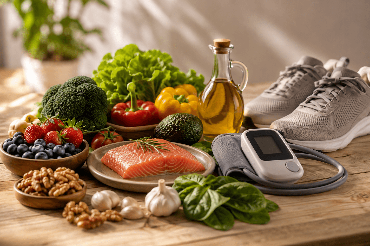 Aliments favorables au coeur et tensiometre a domicile symbolisant une hygiene de vie saine pour la tension arterielle