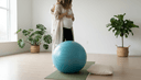 Femme enceinte de dos sur un ballon, mains sur le ventre, main du partenaire sur son épaule