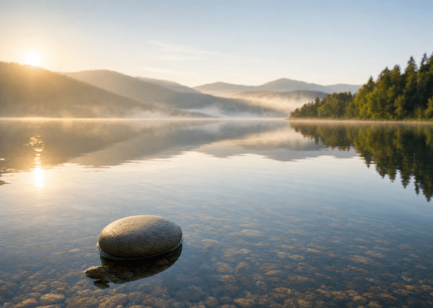 Lac de montagne parfaitement calme au lever du jour, brume douce et lumiere doree, galet pose au bord de l eau immobile, ambiance silencieuse et apaisante evoquant le calme interieur face aux acouphenes