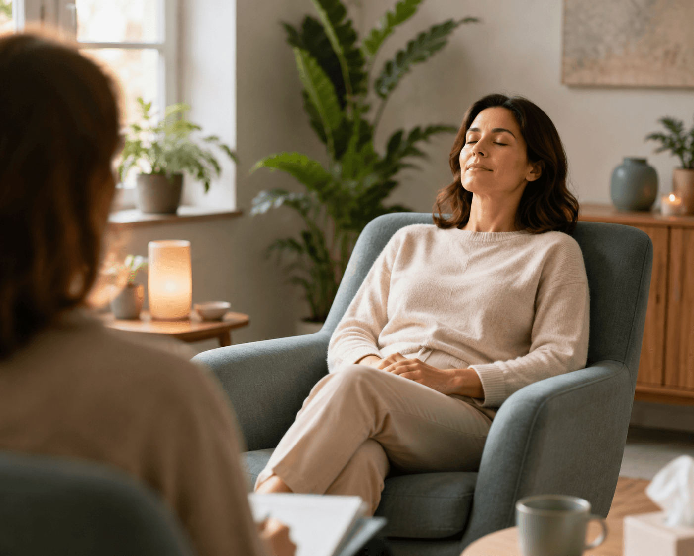 Personne détendue, les yeux fermés, lors d'une séance d'hypnose thérapeutique en soutien d'un sevrage