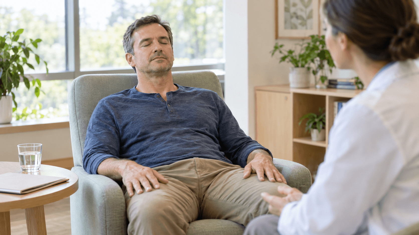 Homme en séance d'hypnose dans un cabinet de consultation d'addictologie à l'hôpital, accompagné d'une soignante