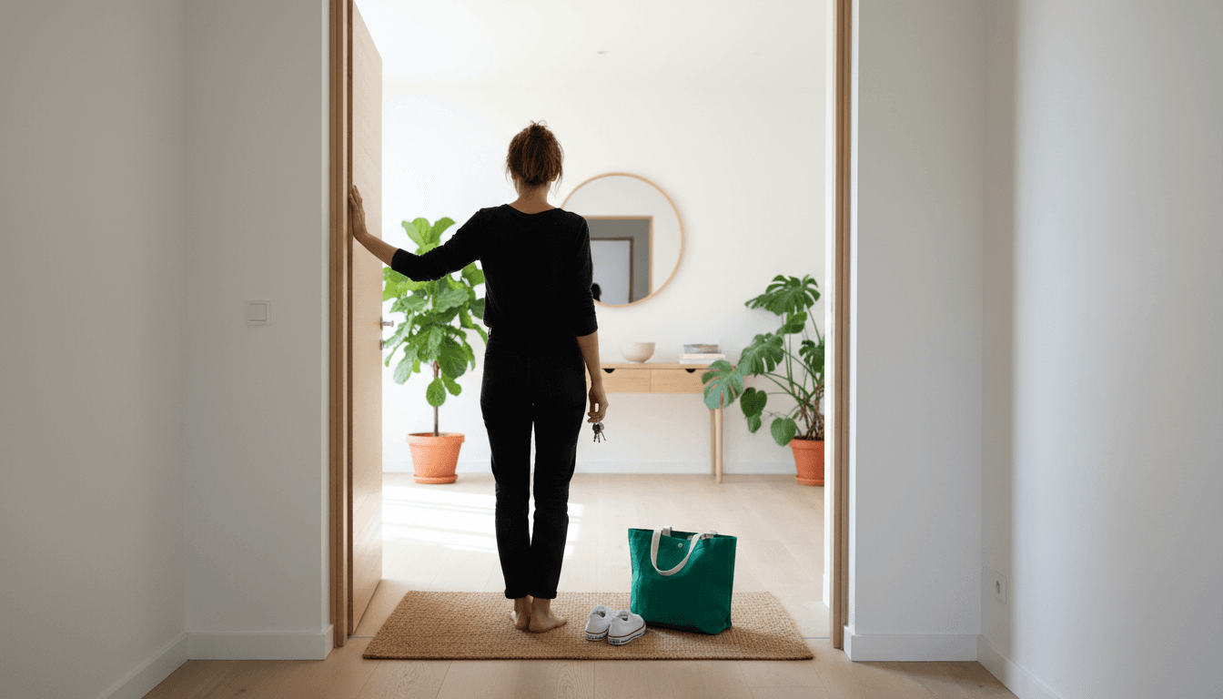 Femme de dos dans l'embrasure de sa porte, clés à la main, sac et chaussures sur le tapis