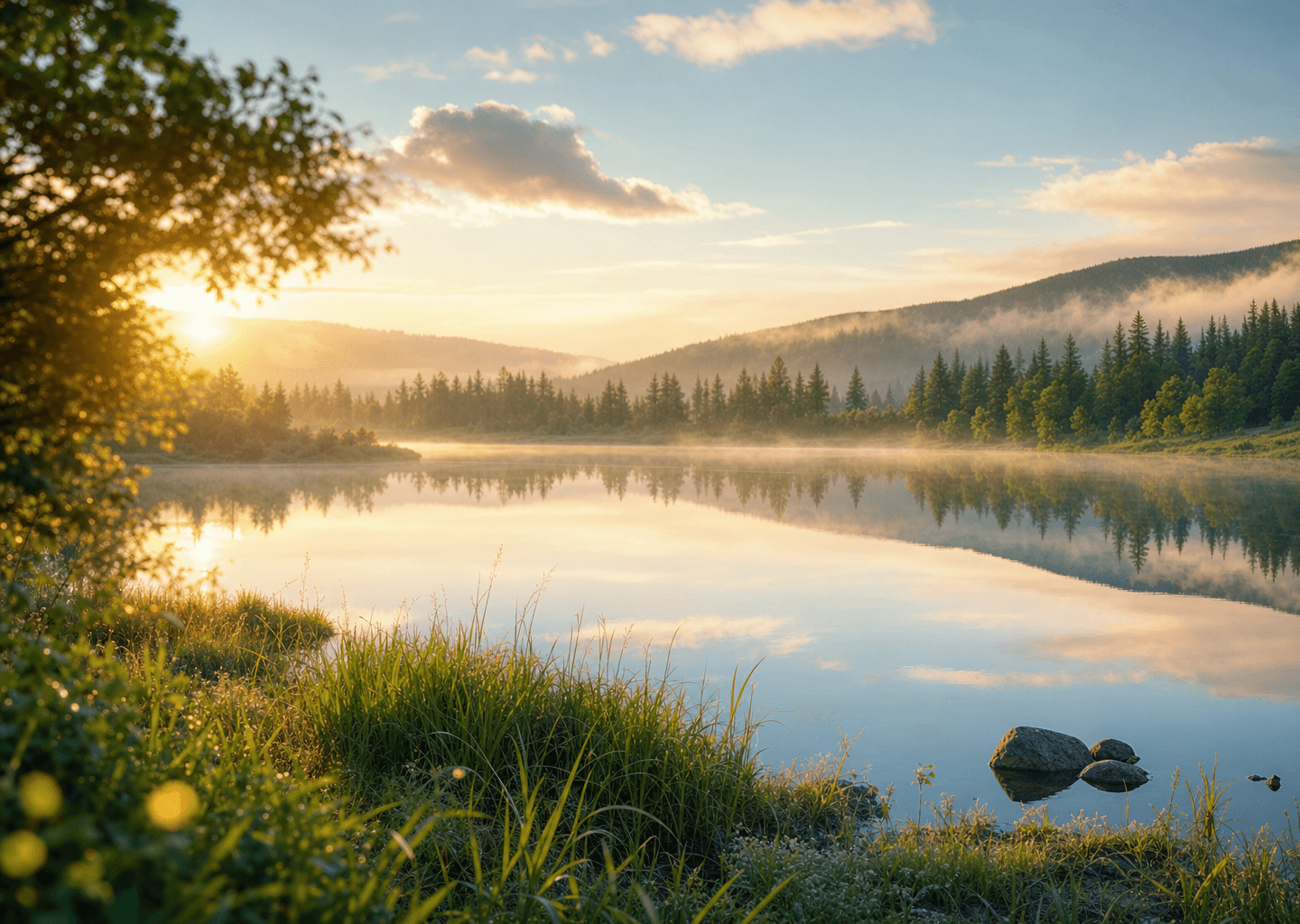 Lac parfaitement calme reflétant un ciel pastel au lever du jour, prairie et brume légère, ambiance lumineuse et apaisante évoquant la sérénité retrouvée face à l'anxiété.