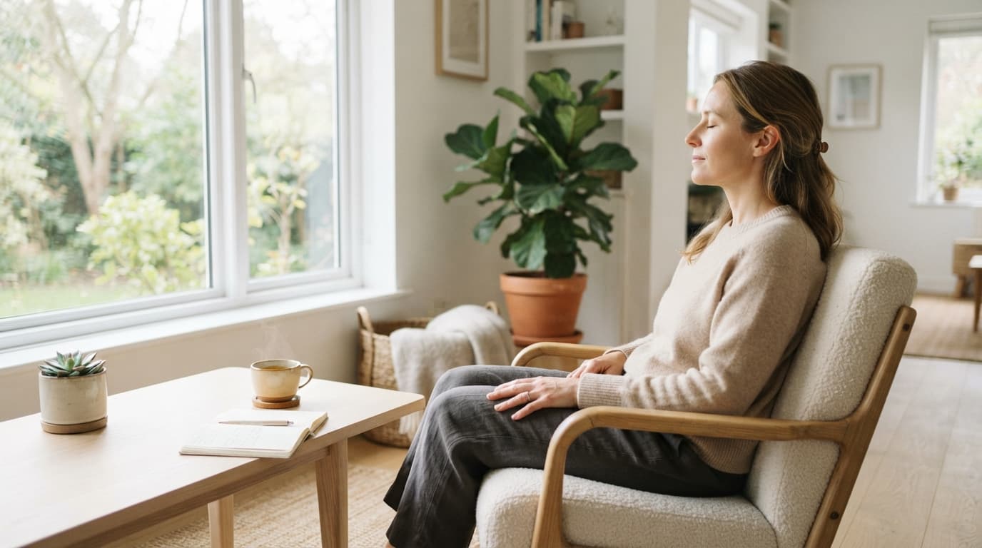 Femme assise de profil dans un fauteuil, yeux fermés, respirant calmement pour apaiser le stress et l'anxiété