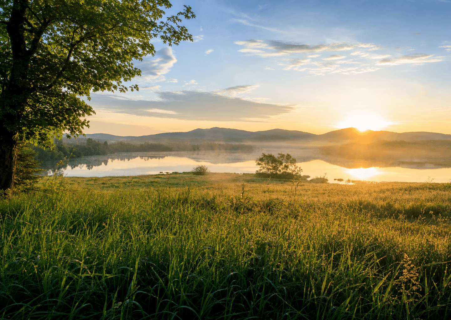 Paysage naturel lumineux au lever du soleil, prairie et lac paisible sous un ciel dégagé, symbole d'air pur, de liberté et de nouveau départ après l'arrêt du tabac.