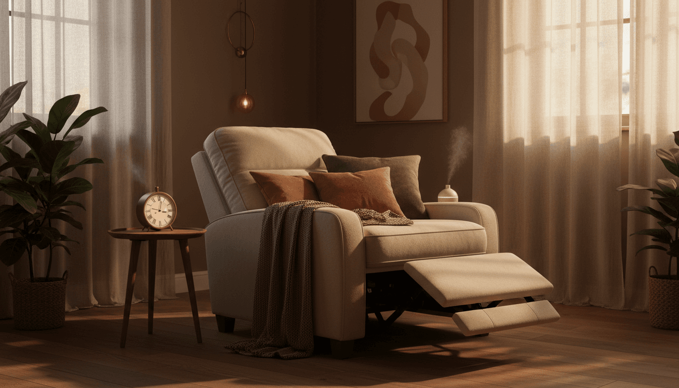Fauteuil de relaxation confortable dans un cabinet chaleureux à la lumière tamisée, atmosphère profondément apaisante