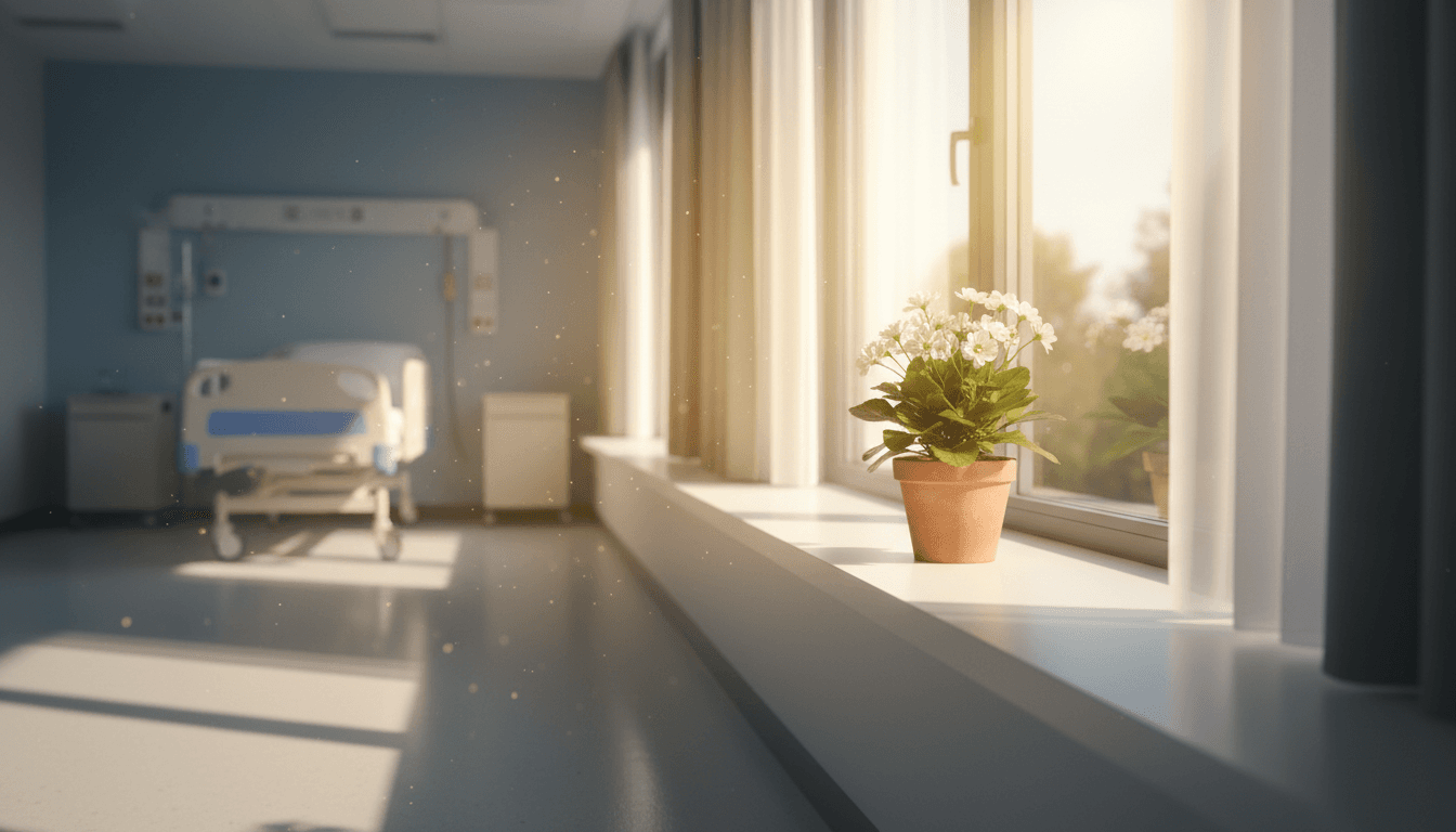 Fenêtre de chambre baignée de soleil avec une petite plante fleurie sur le rebord, tons doux et porteurs d'espoir