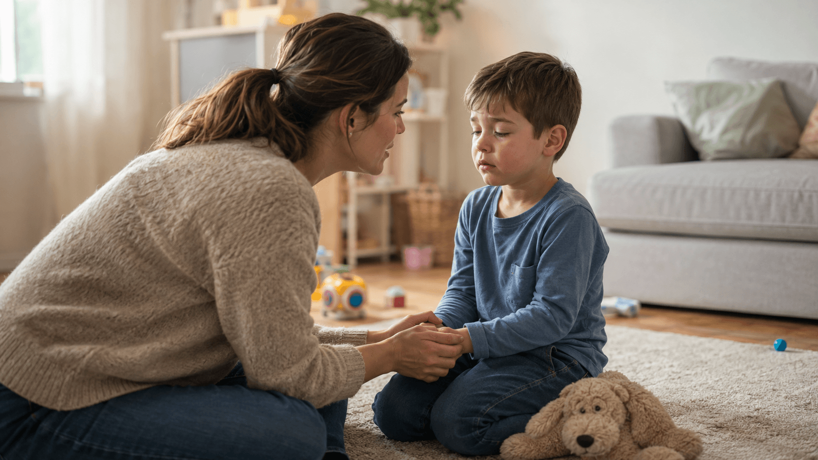 Mère agenouillée tenant doucement les mains de son fils de six ans qui se calme après une colère dans un salon lumineux