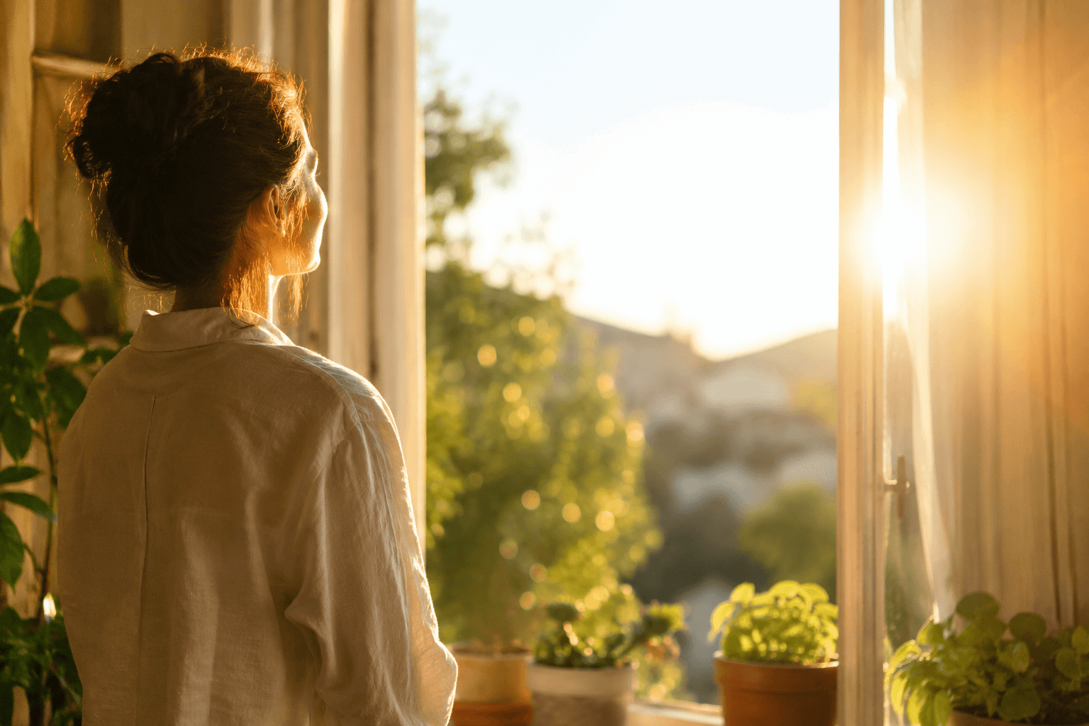Personne apaisee et confiante regardant vers la lumiere, symbole d'un dialogue interieur assoupli et de croyances limitantes qui se desserrent grace a l'hypnose