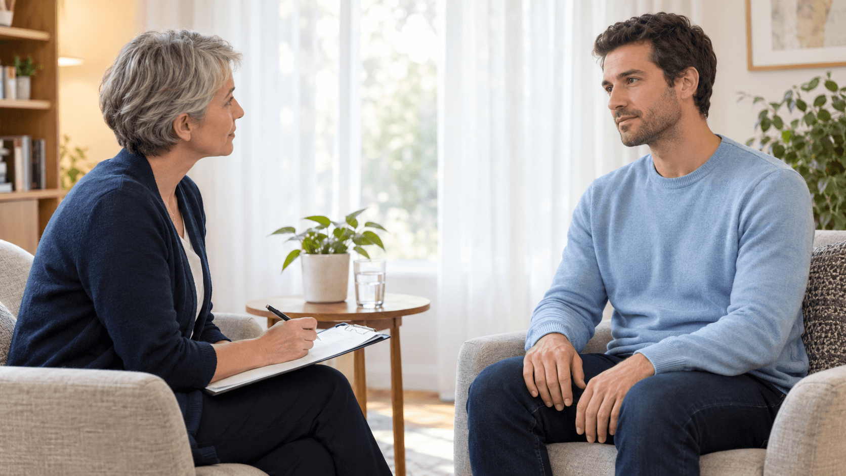 Hypnothérapeute aux cheveux gris remplissant un questionnaire de santé avec un homme hésitant avant une séance d’hypnose