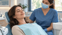 Patient adulte détendu, yeux fermés, dans un fauteuil dentaire moderne, un dentiste rassurant à ses côtés, lumière douce