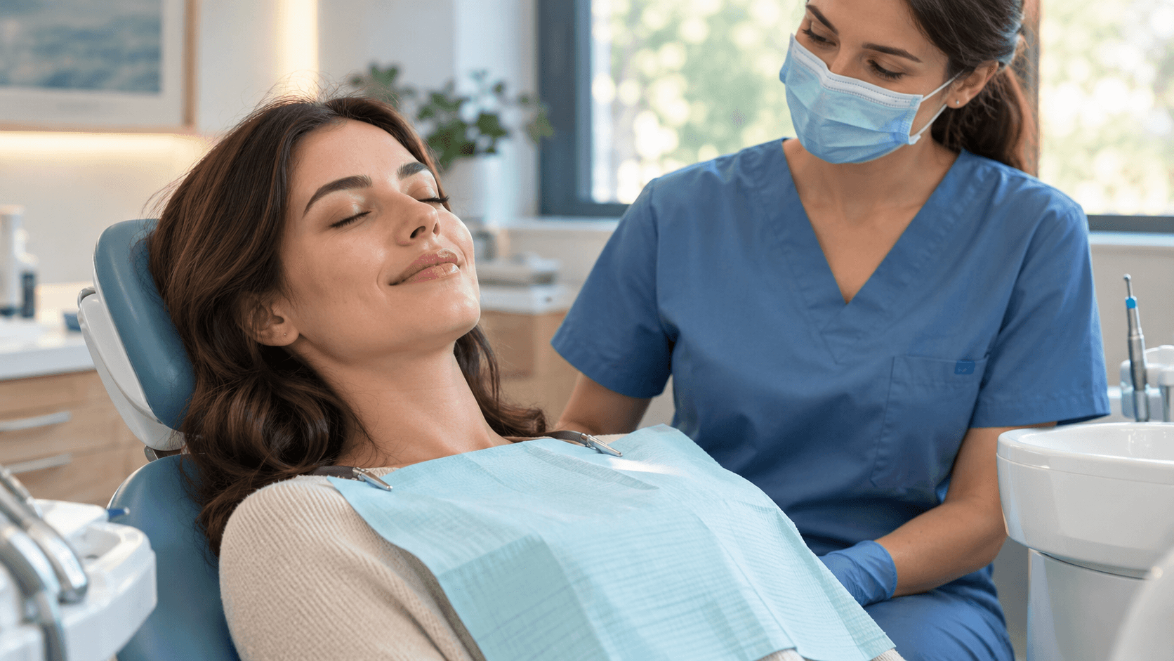Patient adulte détendu, yeux fermés, dans un fauteuil dentaire moderne, un dentiste rassurant à ses côtés, lumière douce