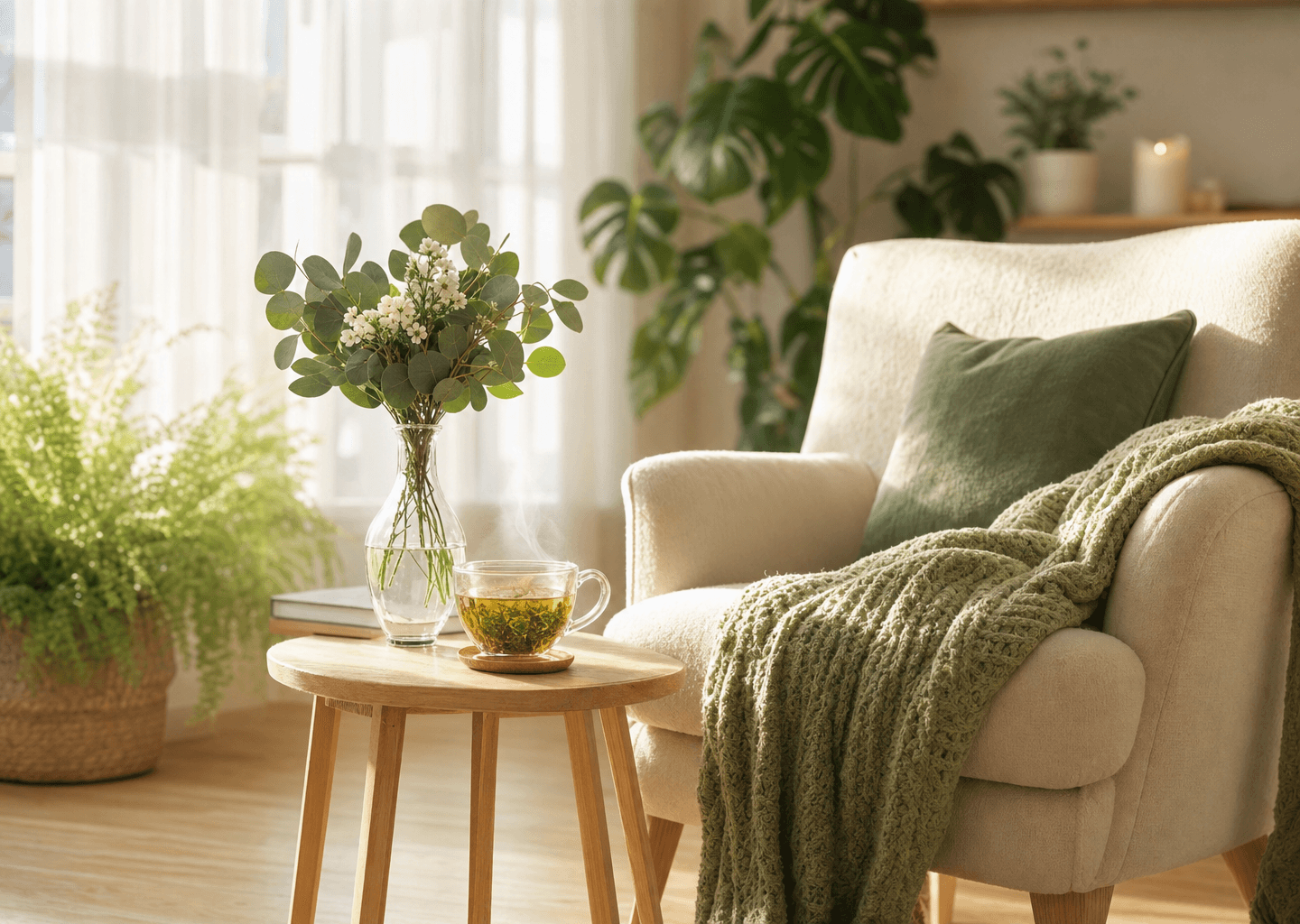 Coin lecture lumineux et apaisant près d'une fenêtre, fauteuil douillet, plaid, tisane fumante et plantes vertes baignés d'une douce lumière naturelle porteuse d'espoir