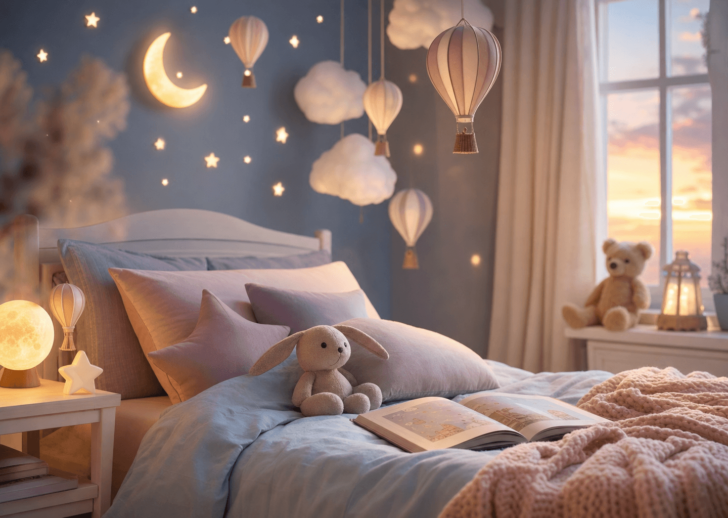 Chambre d'enfant douce et onirique au crepuscule, veilleuse lumineuse, peluche, etoiles et lune flottantes dans une ambiance pastel apaisante evoquant l'imaginaire et la serenite