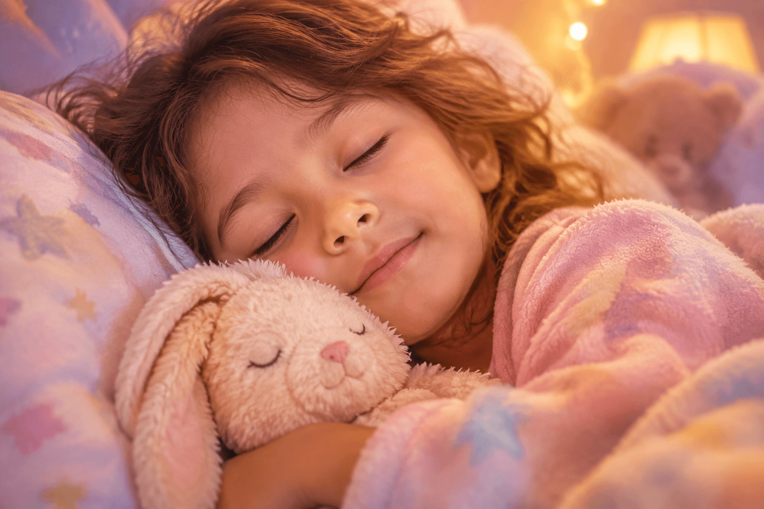 Jeune enfant serein et détendu, allongé les yeux fermés dans une ambiance douce et rassurante, évoquant l'imaginaire et la relaxation.