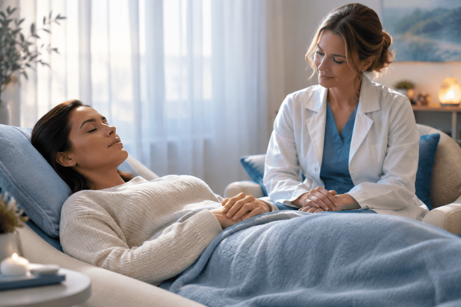 Patient détendu, les yeux fermés, lors d'une séance d'hypnose pour la gestion de la douleur en cabinet médical