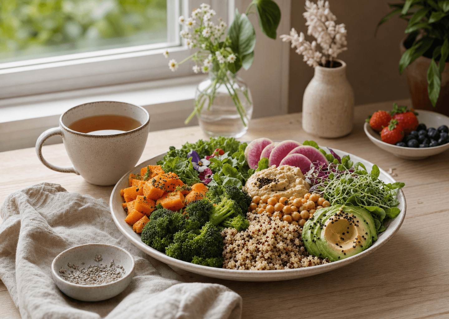 Repas sain et coloré composé de légumes frais, fruits et céréales complètes disposés avec douceur près d'une fenêtre lumineuse, ambiance sereine et bienveillante évoquant une relation apaisée à la nourriture.