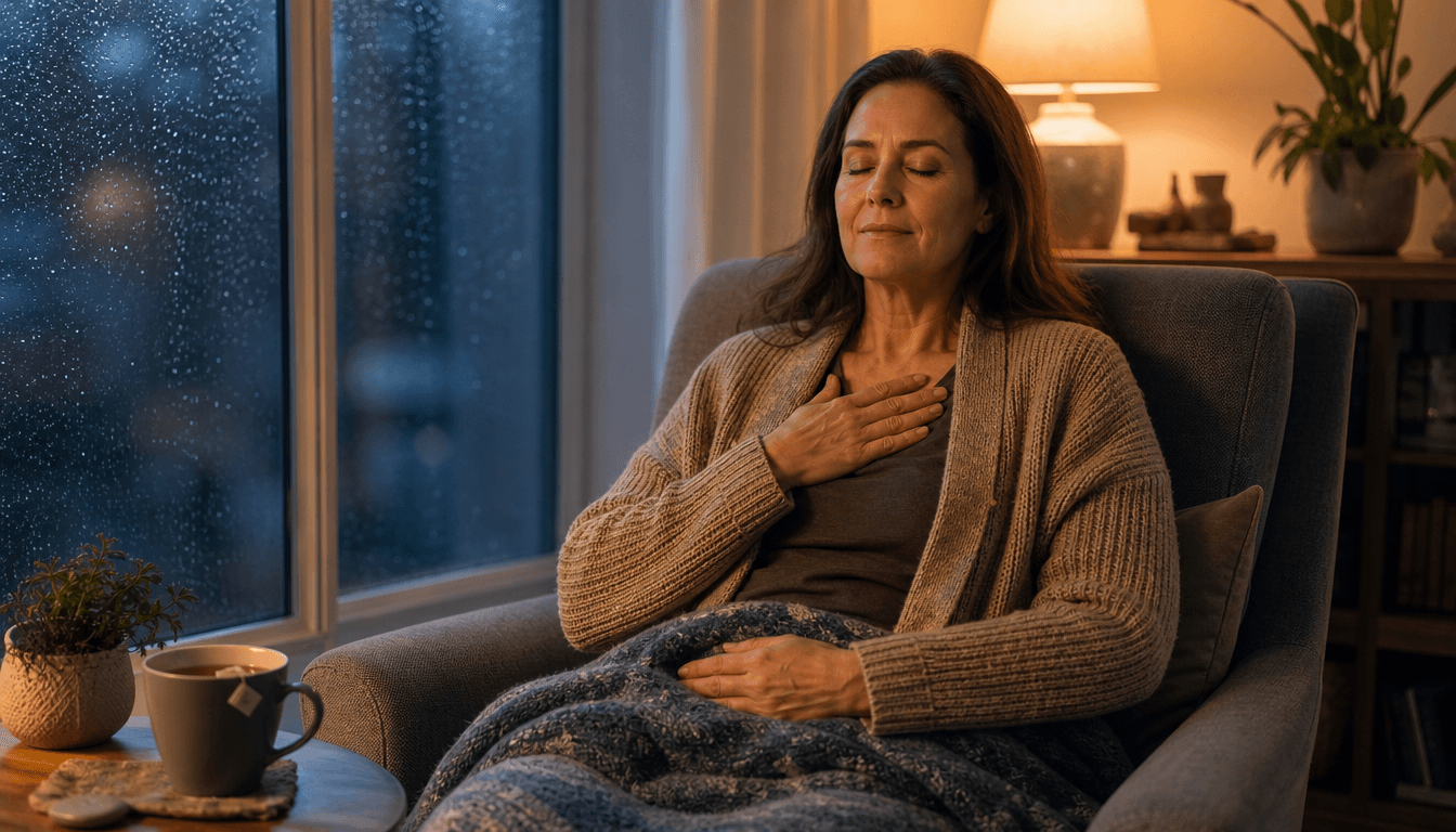Femme les yeux fermés dans un fauteuil, pratiquant l’auto-hypnose un soir d’hiver près d’une tasse de tisane