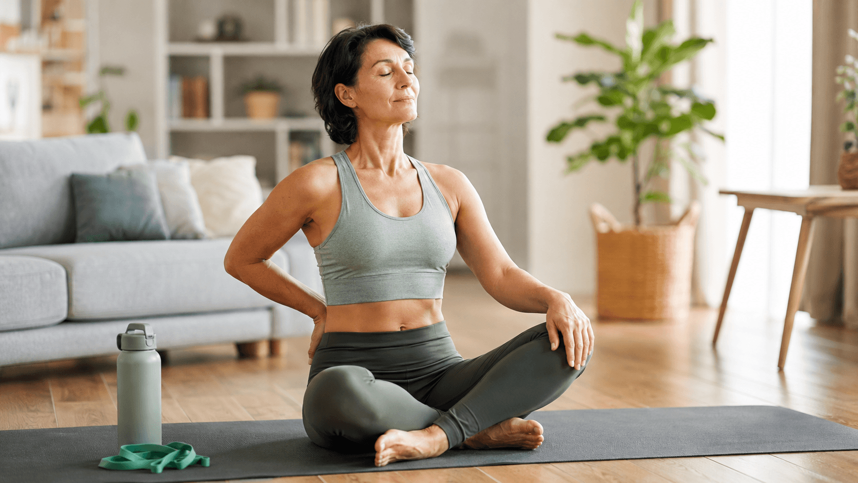 Femme assise sur un tapis de yoga, yeux fermés, une main sur le bas du dos, pratiquant l’autohypnose avant des étirements