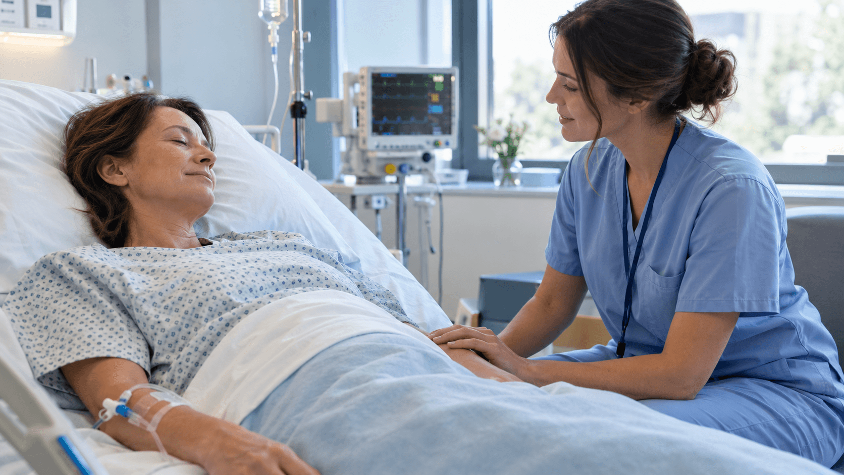 Patient allongé les yeux fermés sur un lit d’hôpital, accompagné en hypnose par une infirmière anesthésiste avant un soin