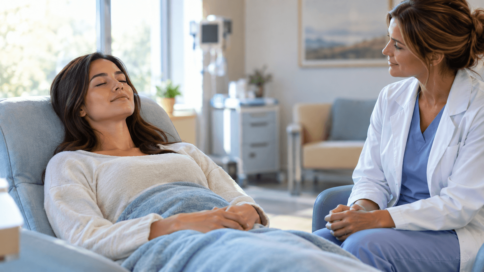 Patient détendu les yeux fermés en séance d'hypnose médicale accompagné par un soignant dans une salle de soins apaisante