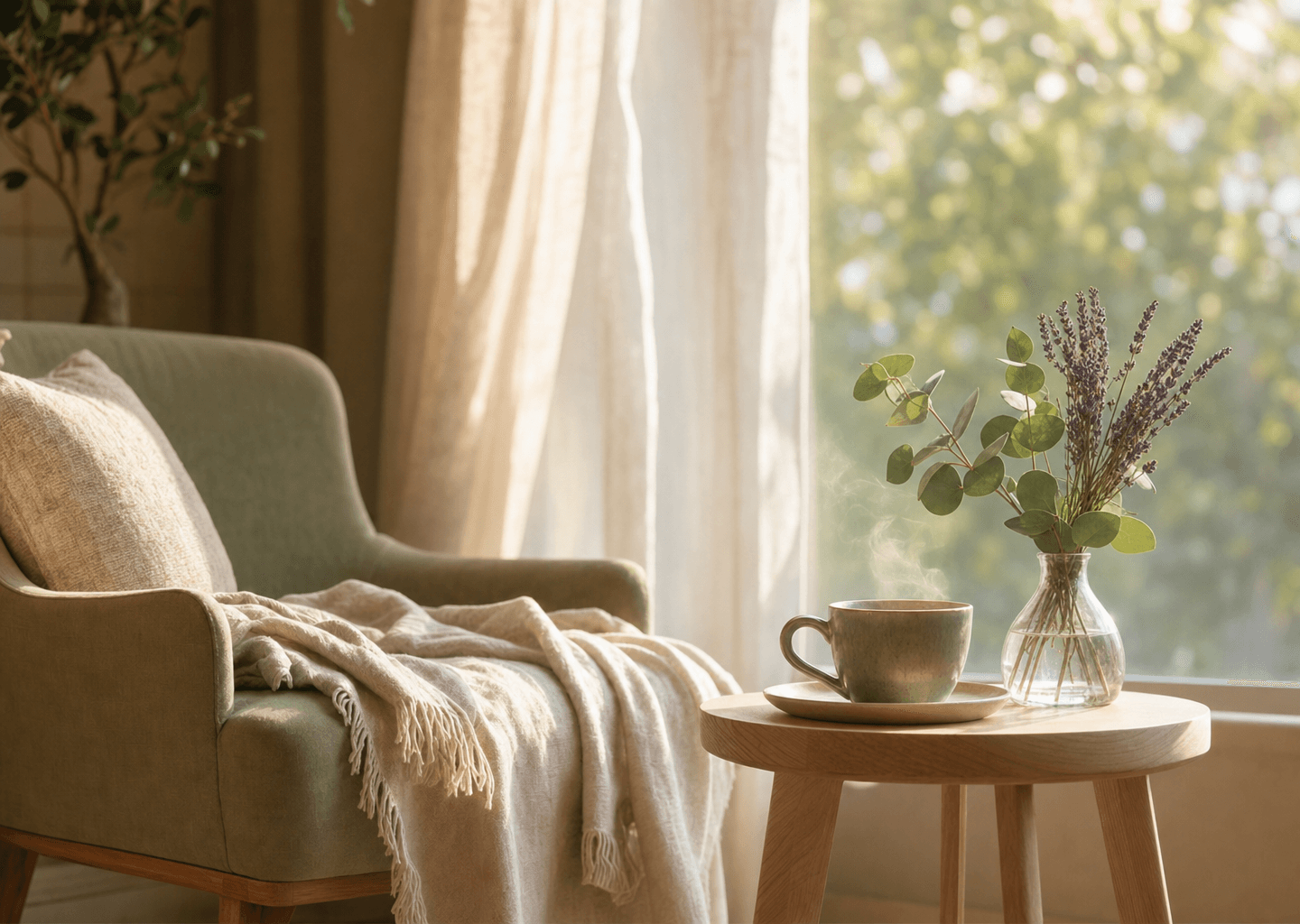 Coin de repos apaisant baigne d une lumiere douce et doree pres d une fenetre, fauteuil confortable, tasse de tisane fumante et brins d eucalyptus, ambiance calme evoquant le soulagement d une migraine