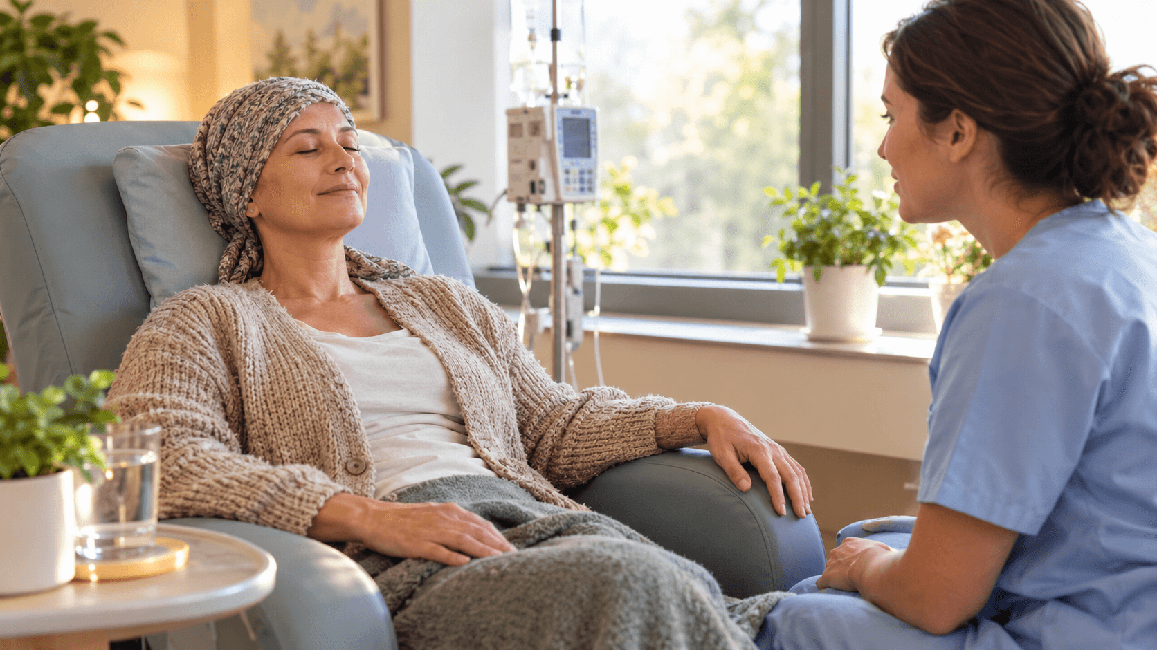 Patiente en foulard, yeux fermés dans un fauteuil de chimiothérapie, guidée par une infirmière en relaxation
