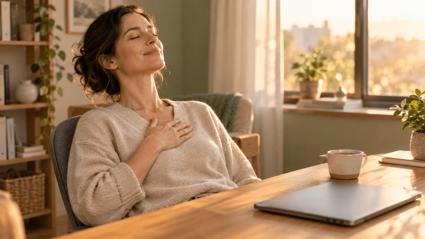 Personne apaisée relâchant la pression à un bureau ordonné, yeux fermés et respiration profonde dans une lumière douce