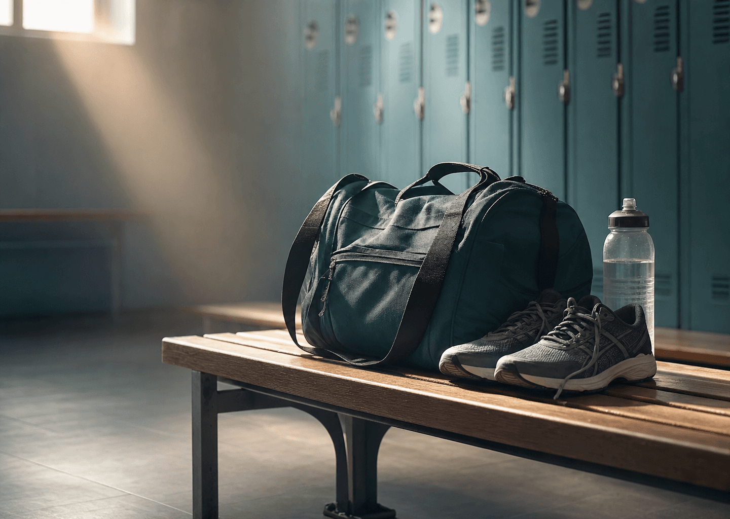 Sac de sport et chaussures de running sur un banc dans un vestiaire calme avant une compétition, lumière concentrée évoquant la préparation mentale du sportif