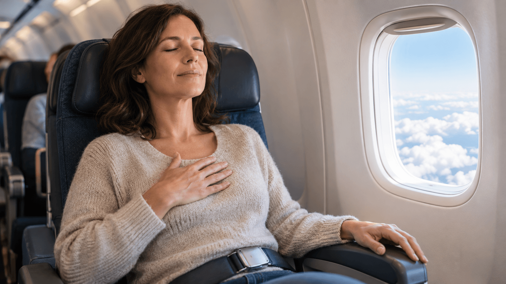 Femme assise côté hublot dans un avion, yeux fermés, une main sur la poitrine, respirant calmement en plein vol