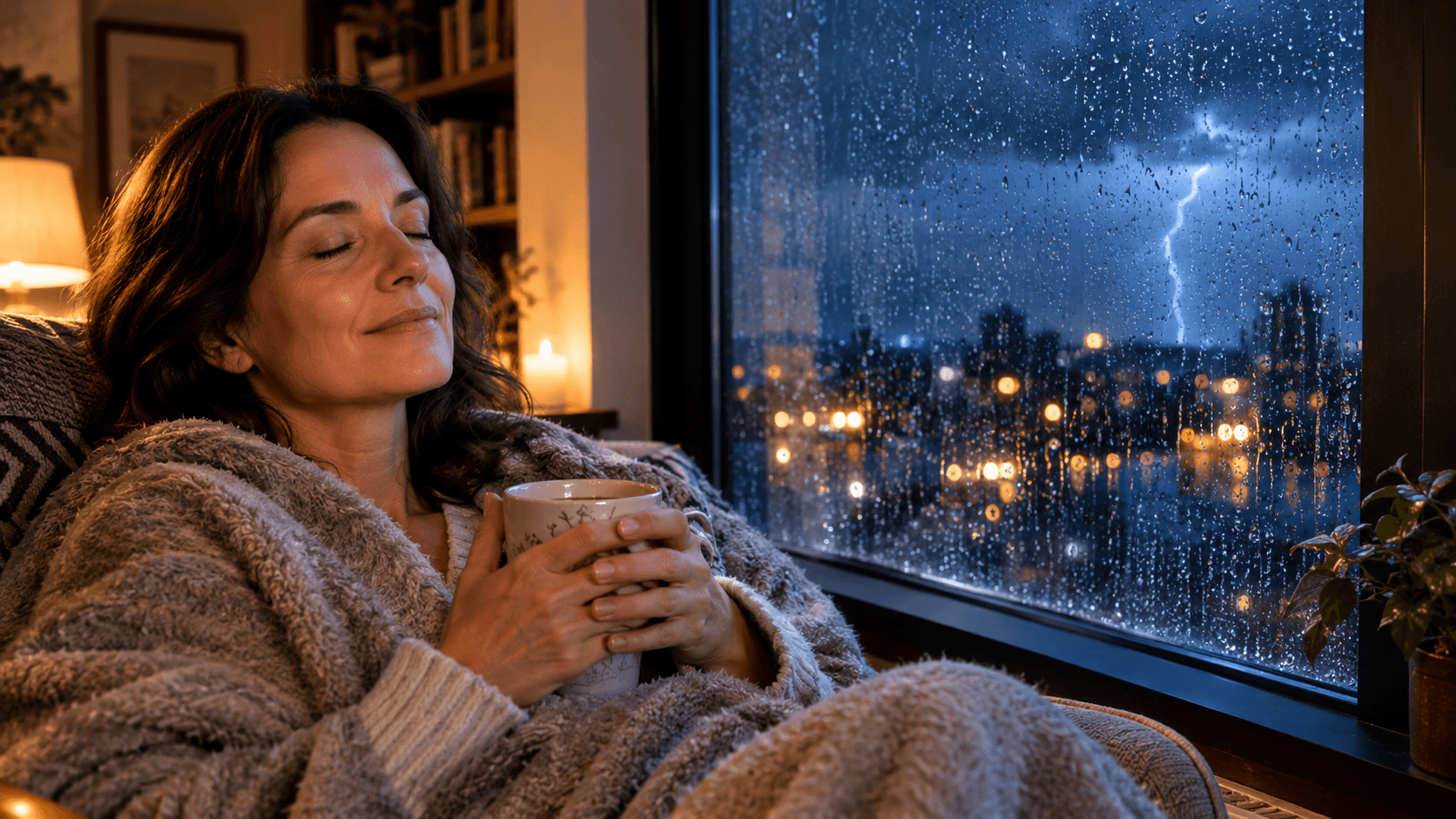 Adulte apaisé enveloppé dans un plaid, tasse chaude en main, devant une fenêtre pluvieuse pendant un orage nocturne