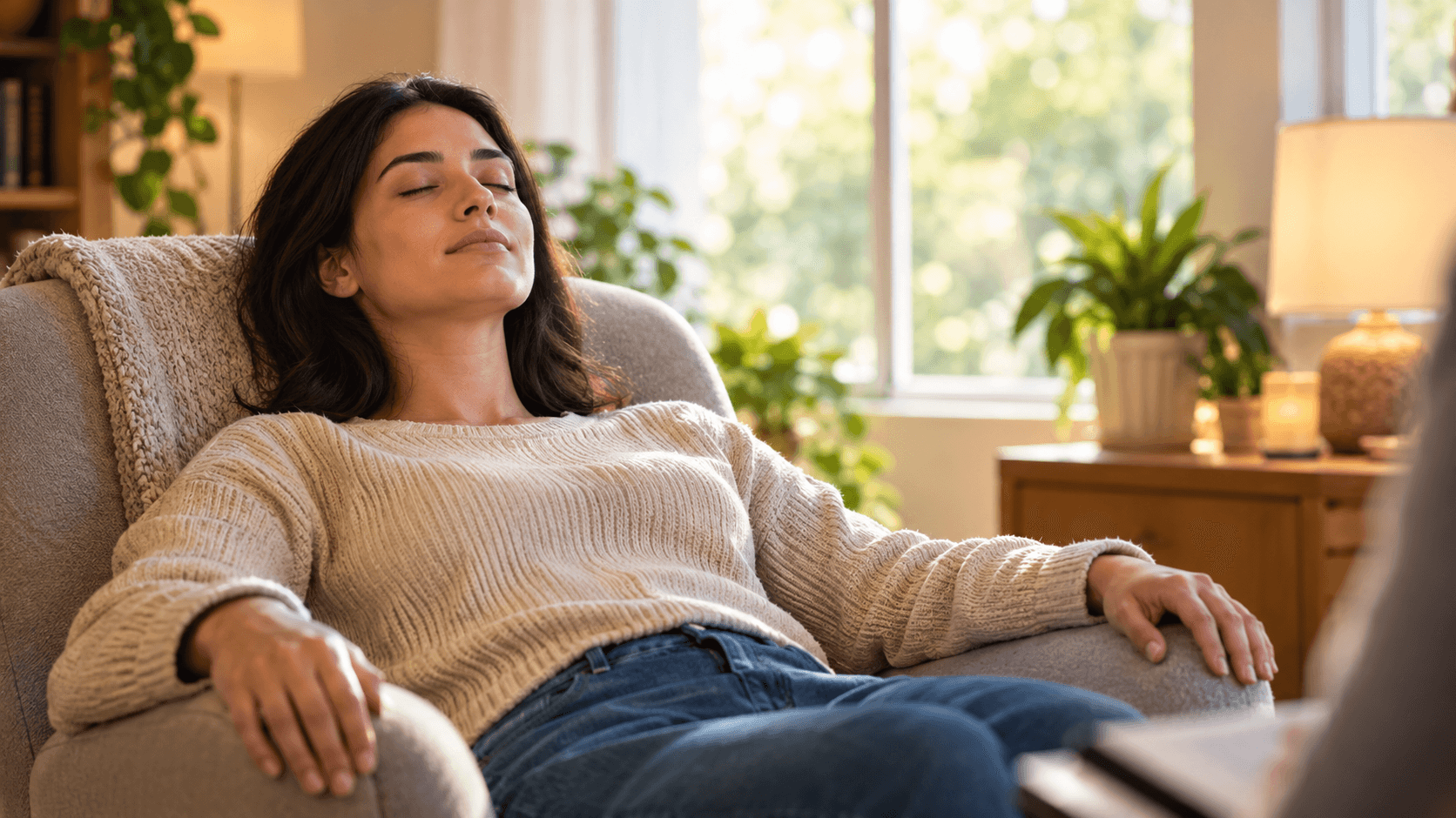 Adulte serein aux yeux clos, détendu dans un fauteuil lors d'une séance d'hypnose pour apaiser une phobie
