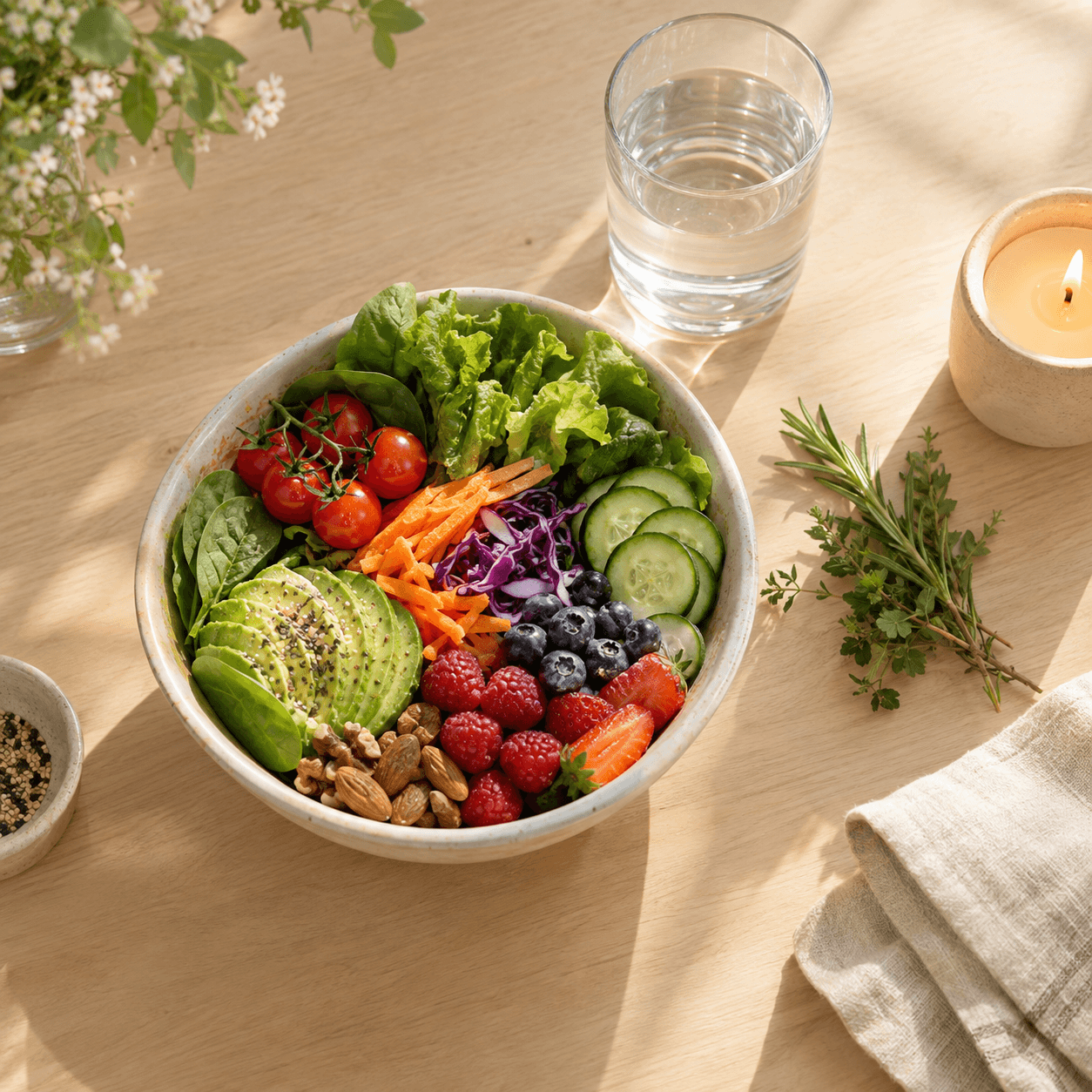 Table en bois avec légumes, fruits frais, verre d'eau et bougie, dans une ambiance douce évoquant une alimentation apaisée