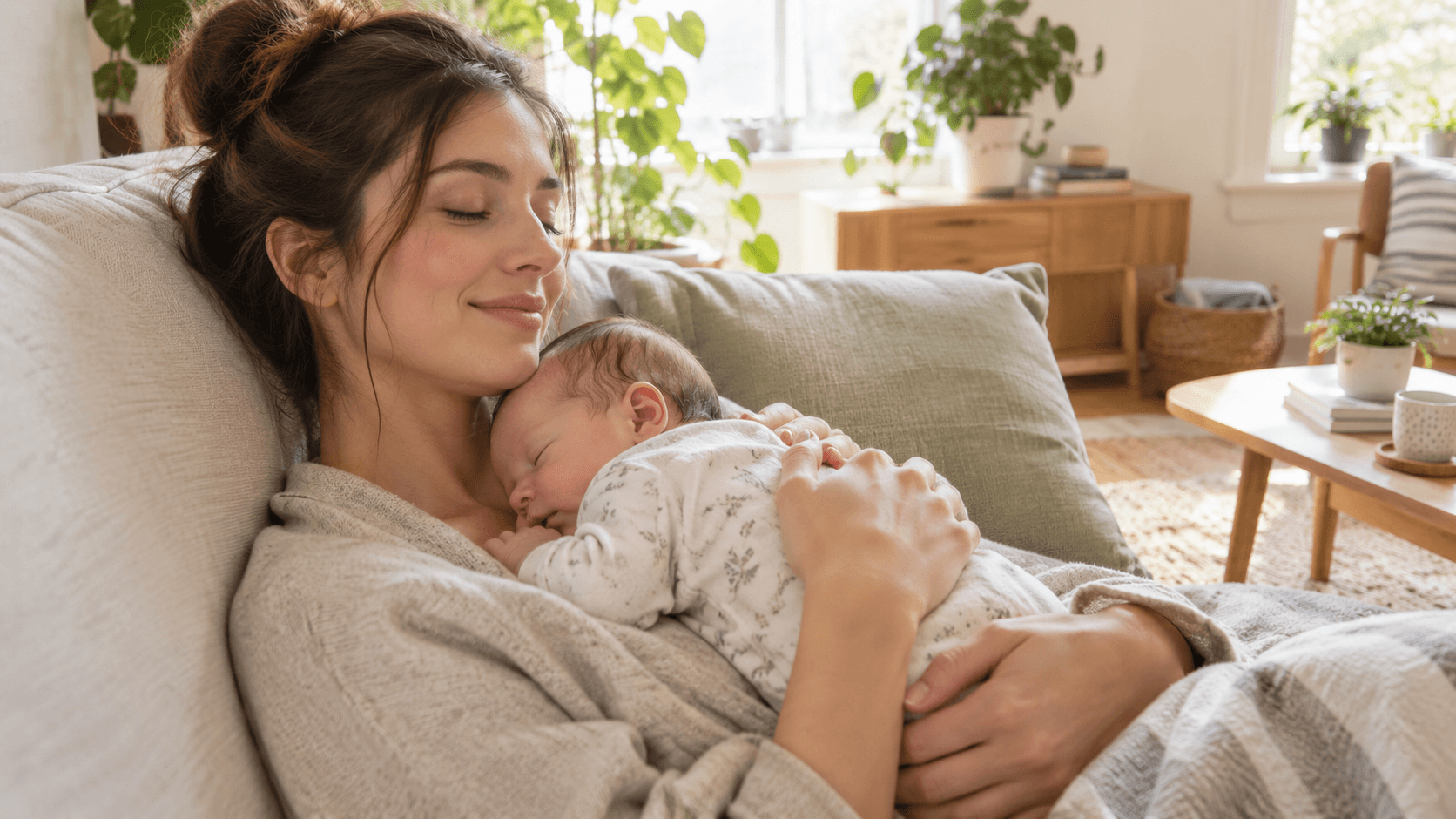 Jeune mère apaisée tenant son nouveau-né endormi sur un canapé clair, dans un salon lumineux, ambiance douce du post-partum
