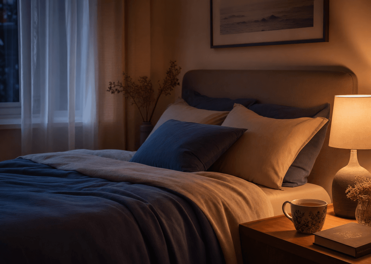 Chambre douce et tamisée le soir avec lampe de chevet chaleureuse et lit accueillant, ambiance apaisée propice à l'endormissement