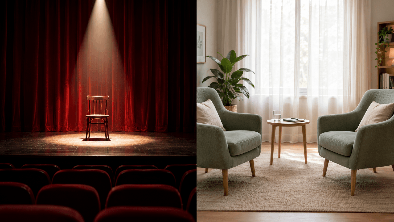 Diptyque : scène de théâtre vide sous un projecteur face à un cabinet d’hypnothérapie calme avec deux fauteuils