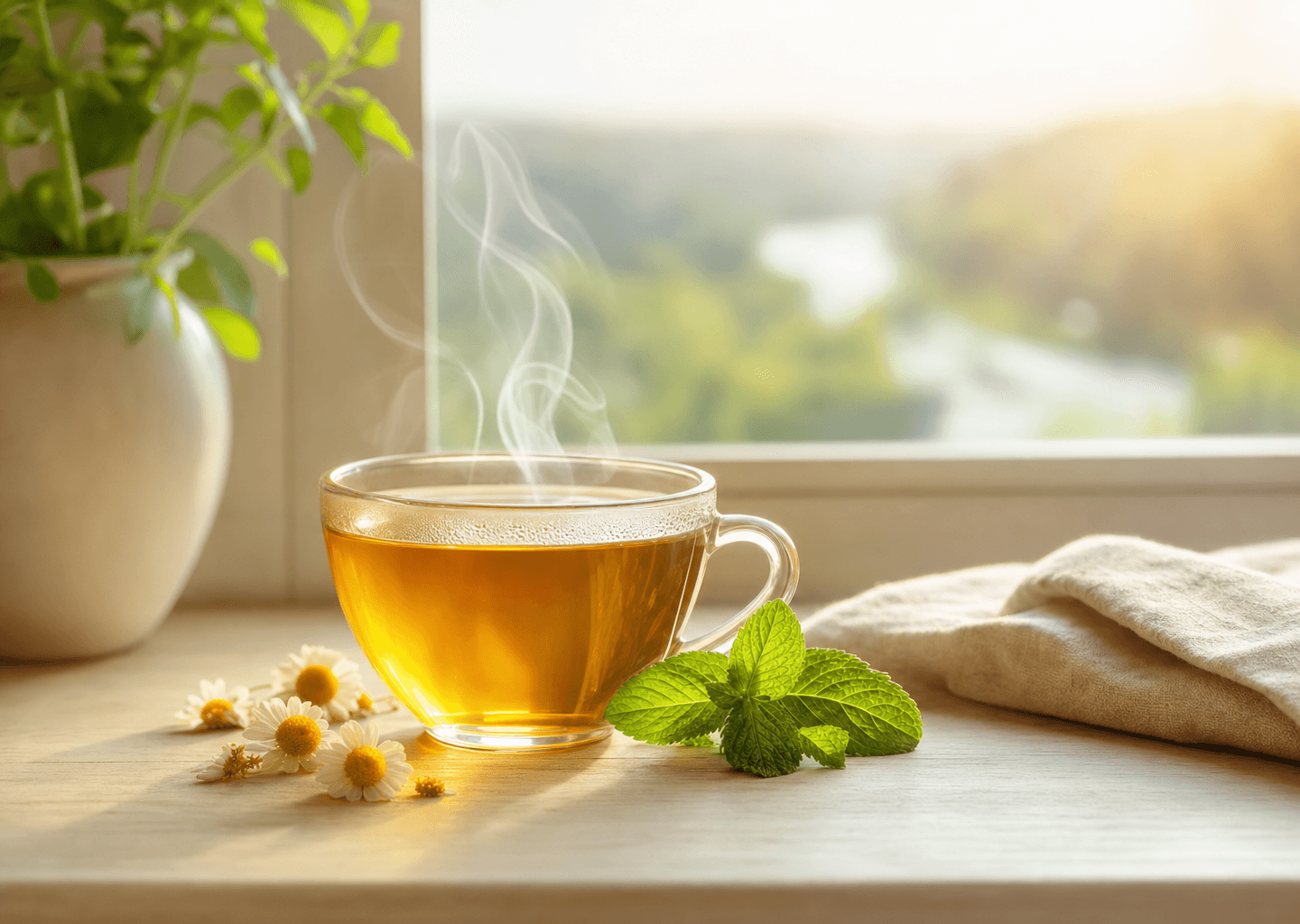 Tasse de tisane fumante et fleurs de camomille sur une table en bois près d'une fenêtre lumineuse, ambiance douce et apaisante évoquant le bien-être digestif et un ventre serein.
