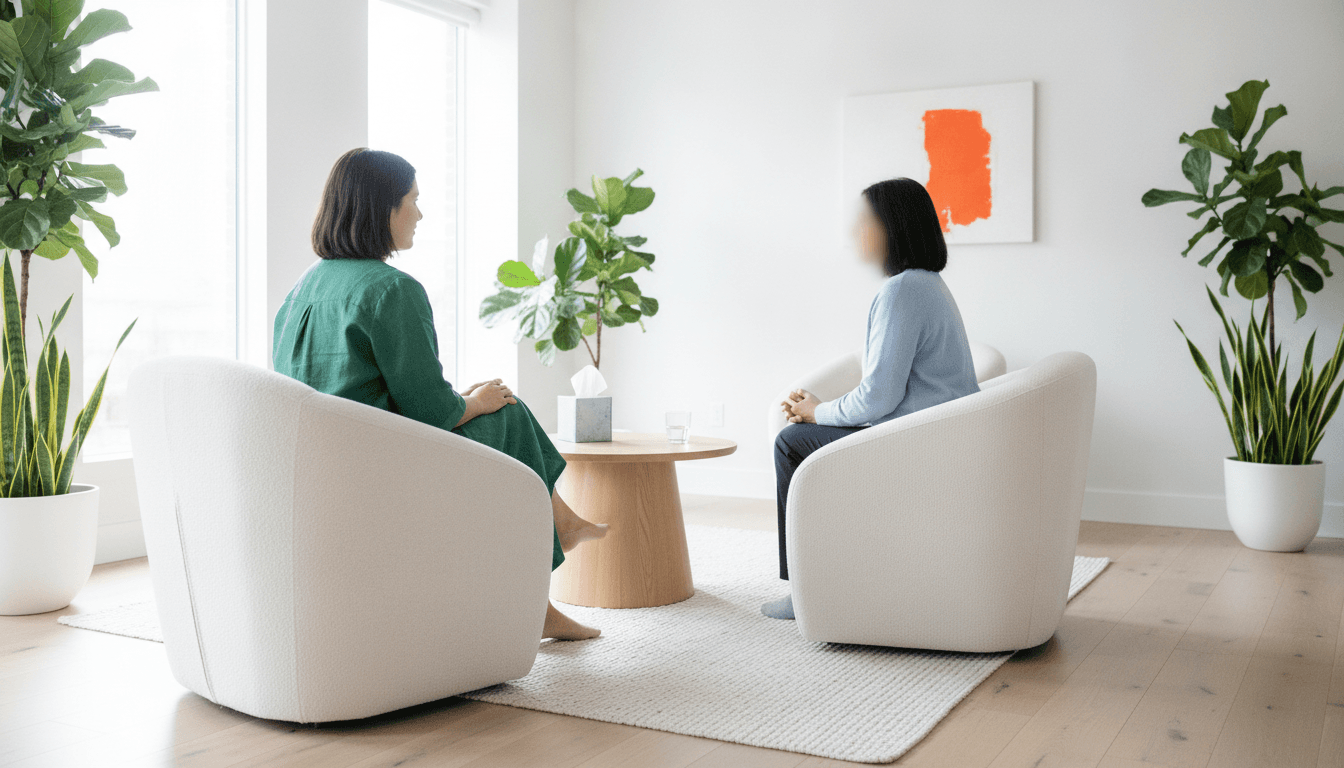 Praticien et patient de profil dans deux fauteuils, boîte de mouchoirs et verre d'eau sur la table