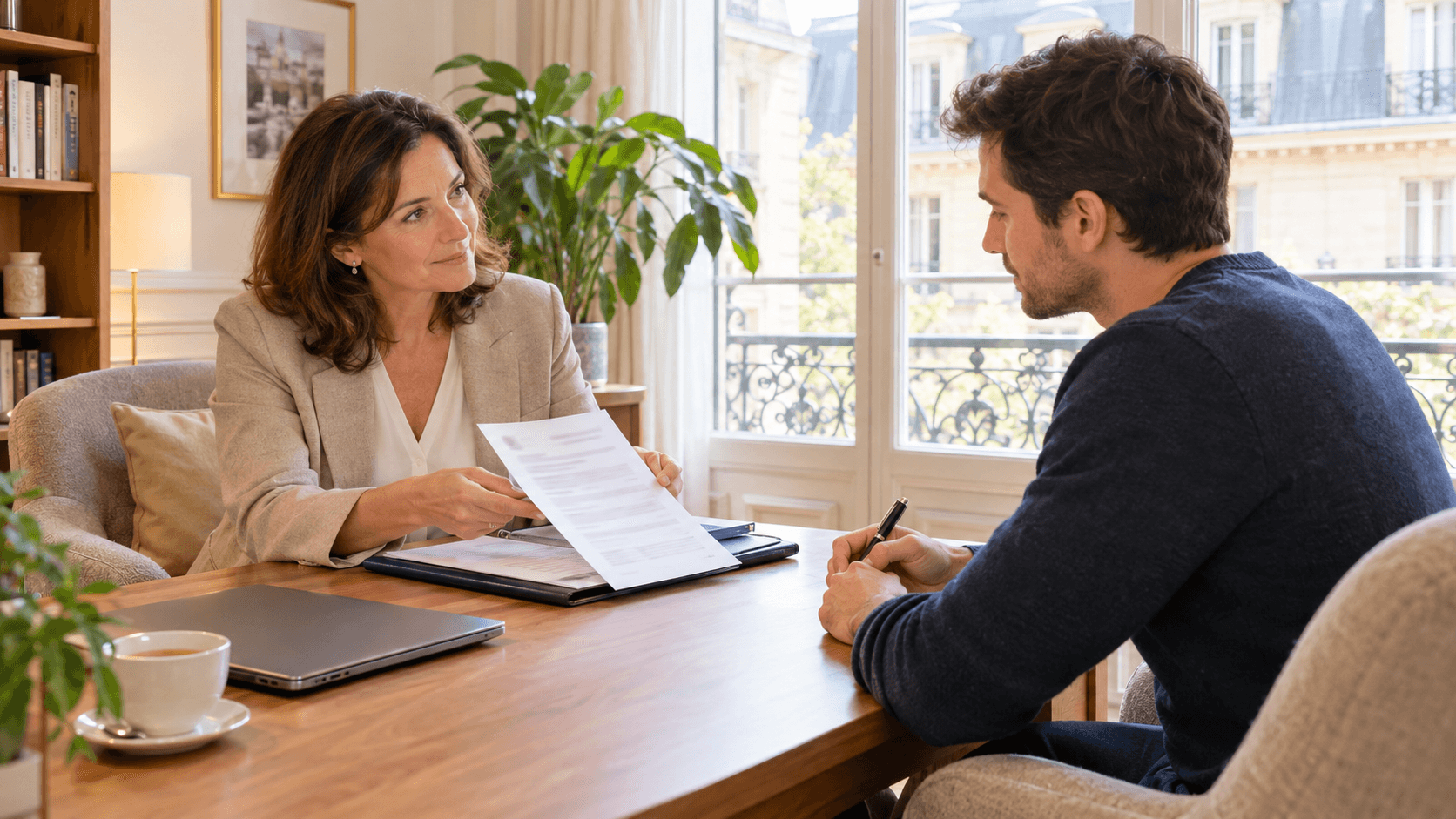 Praticienne dans un cabinet lumineux montrant un document d'information à un homme attentif avant une séance d'hypnose