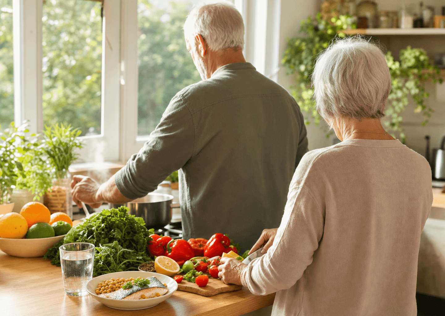 Couple de seniors préparant un repas équilibré et coloré dans une cuisine lumineuse, illustrant le maintien de l'immunité après 60 ans